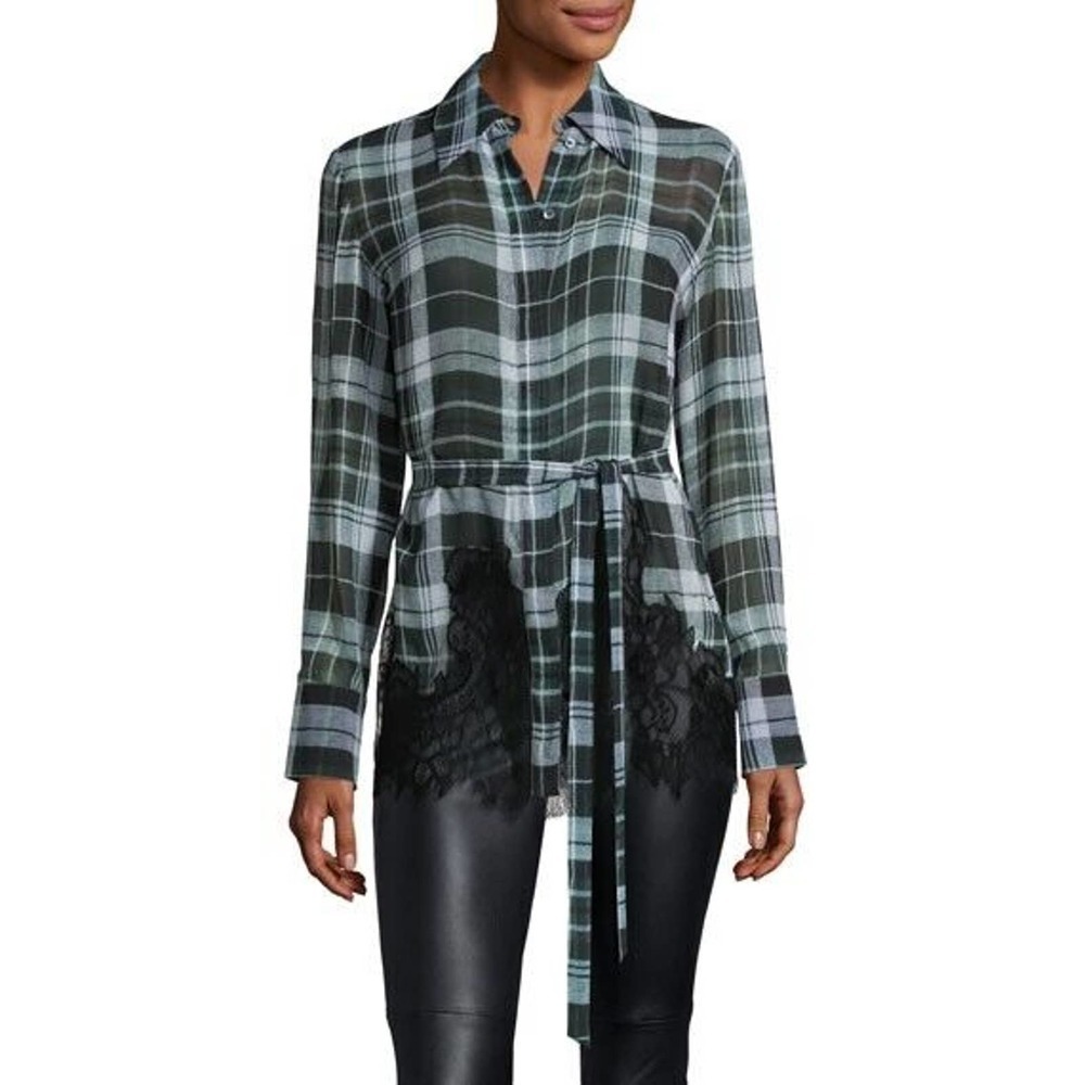 MCQ ALEXANDER MCQUEEN Fluid Tartan Plaid Silk Blouse Green Lace $610